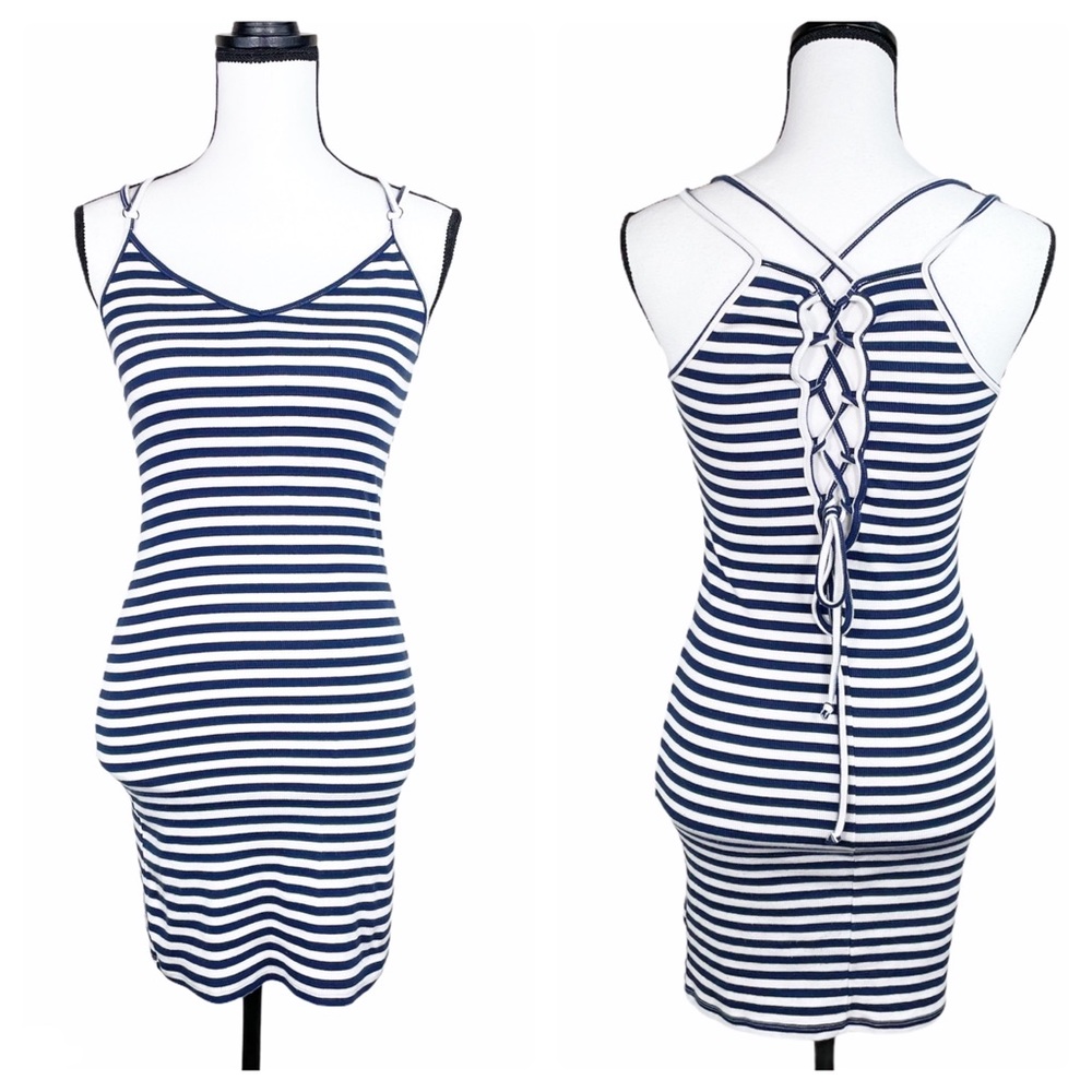 Topshop Stripe Lace Up Back Halter Dress